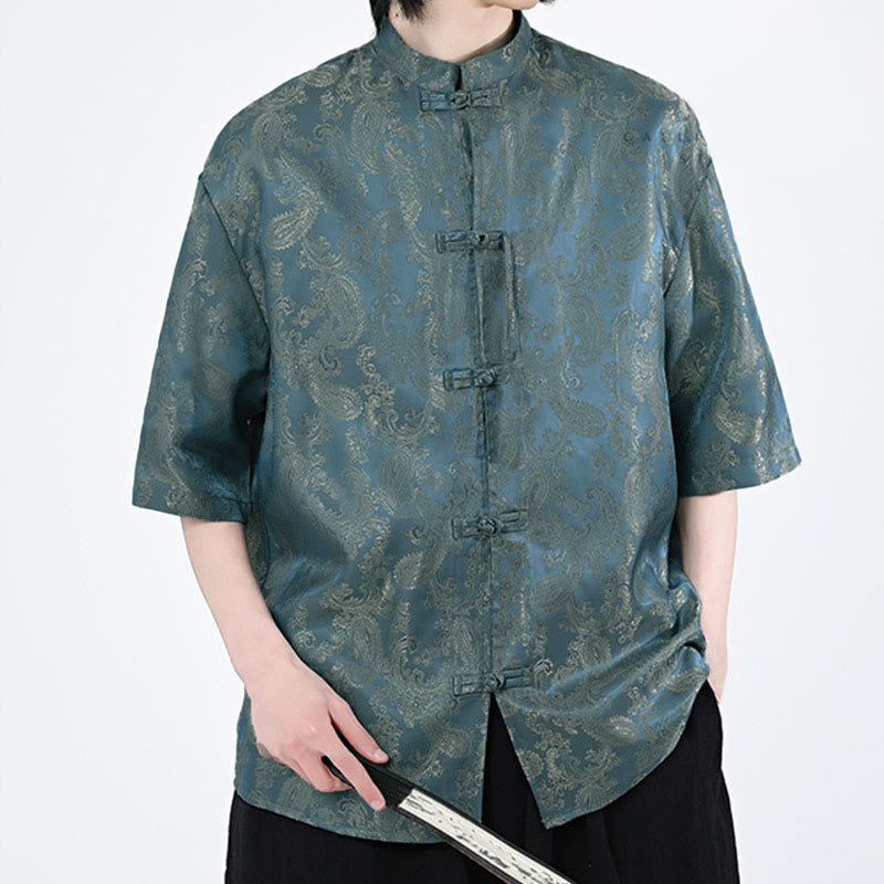 Buddha Stones 夏用カエルボタン半袖つる葉花柄メンズシャツ - image 3