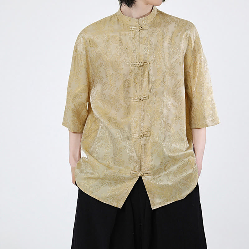 Buddha Stones 夏用カエルボタン半袖つる葉花柄メンズシャツ - image 10