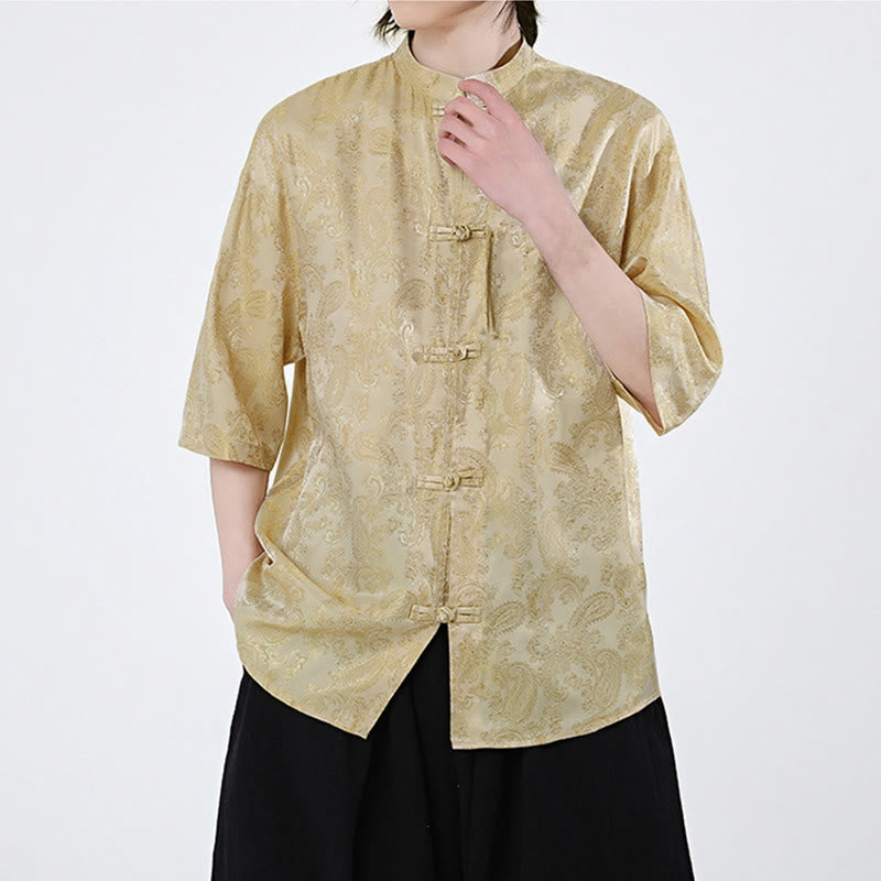 Buddha Stones 夏用カエルボタン半袖つる葉花柄メンズシャツ - image 13