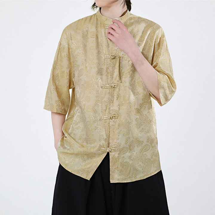Buddha Stones 夏用カエルボタン半袖つる葉花柄メンズシャツ - image 13