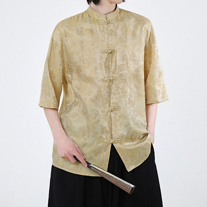 Buddha Stones 夏用カエルボタン半袖つる葉花柄メンズシャツ - image 12