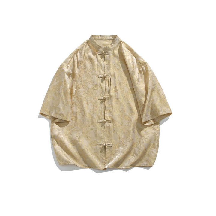 Buddha Stones 夏用カエルボタン半袖つる葉花柄メンズシャツ - image 14