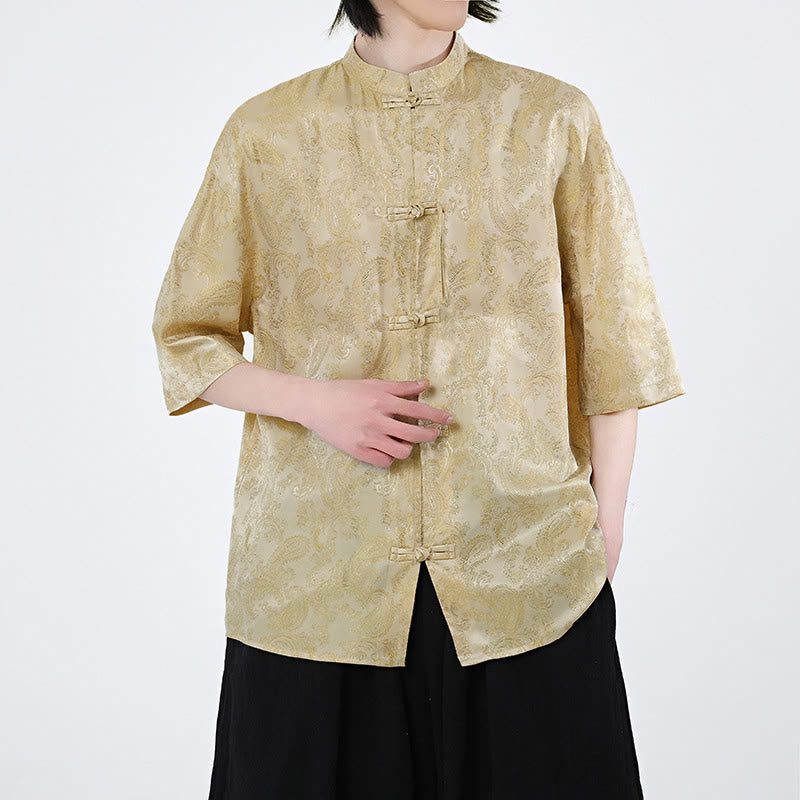 Buddha Stones 夏用カエルボタン半袖つる葉花柄メンズシャツ - image 11