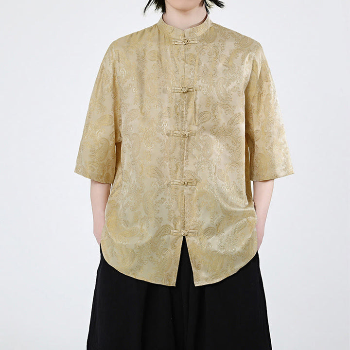 Buddha Stones 夏用カエルボタン半袖つる葉花柄メンズシャツ - 金 - US/UK/AU46、 EU56 (5XL) - image 8