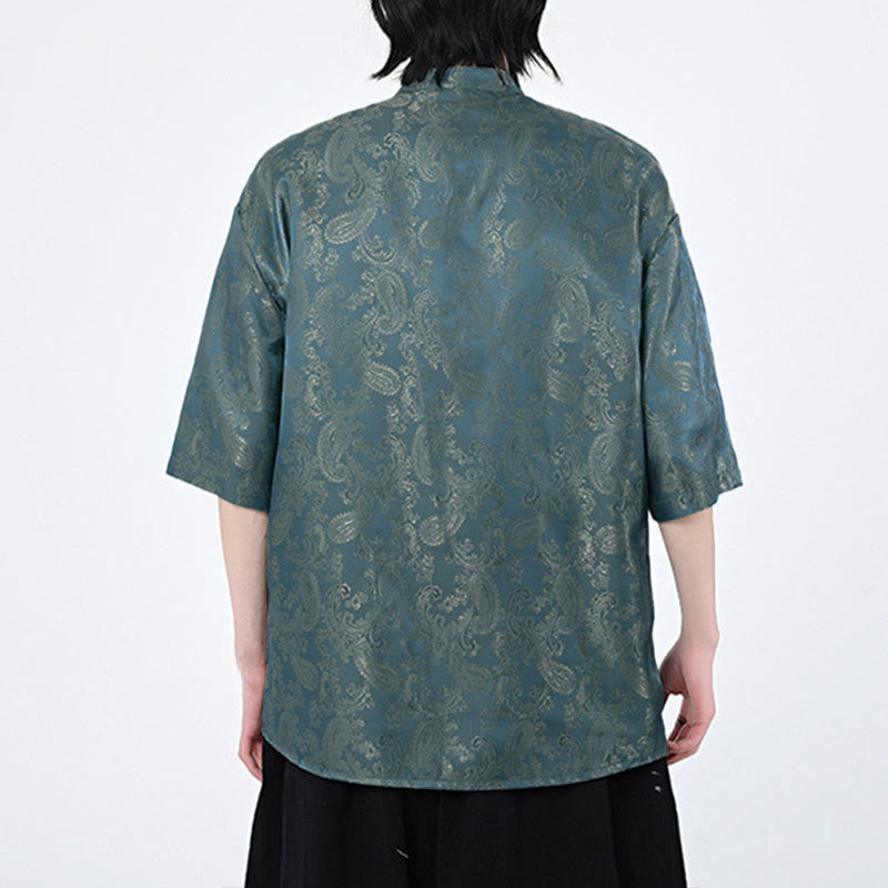 Buddha Stones 夏用カエルボタン半袖つる葉花柄メンズシャツ - image 6