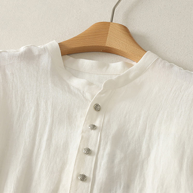 Buddha Stones 春の無地Vネック長袖レディースコットンシャツ - image 7