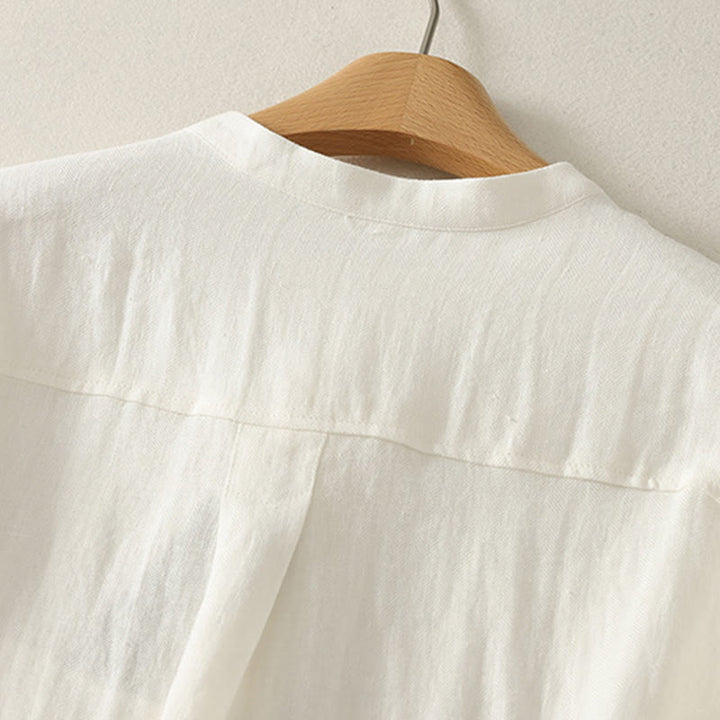 Buddha Stones 春の無地Vネック長袖レディースコットンシャツ - image 14