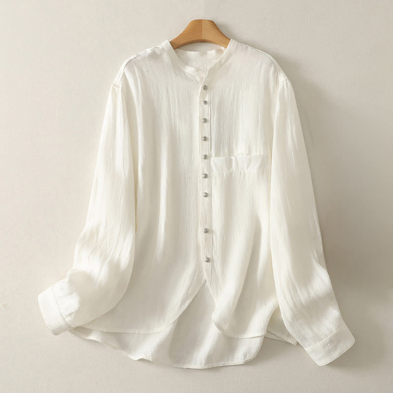 Buddha Stones 春の無地Vネック長袖レディースコットンシャツ - 白 - US8-10，UK/AU12-14，EU40-42 (2XL) - image 5