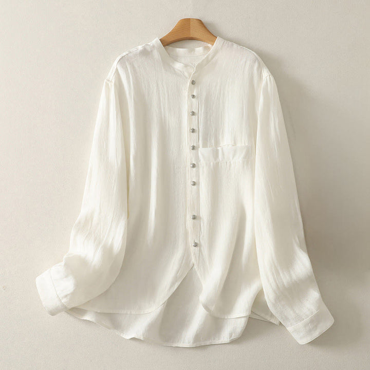 Buddha Stones 春の無地Vネック長袖レディースコットンシャツ - 白 - US8-10，UK/AU12-14，EU40-42 (2XL) - image 5