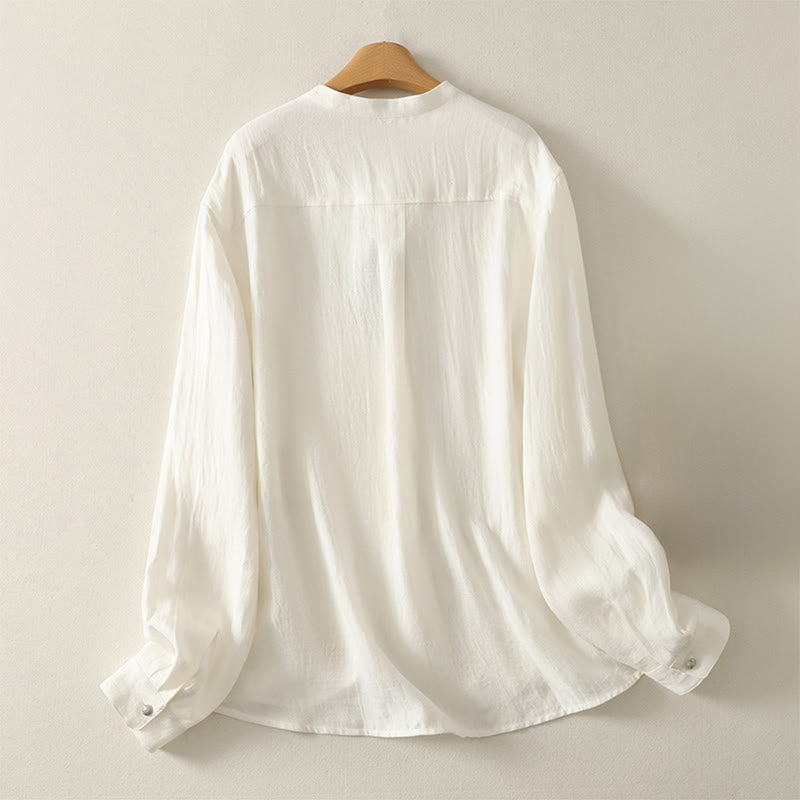 Buddha Stones 春の無地Vネック長袖レディースコットンシャツ - image 6