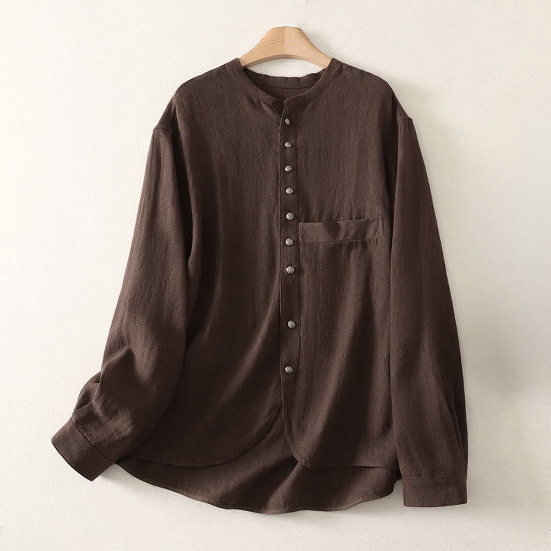 Buddha Stones 春の無地Vネック長袖レディースコットンシャツ - サドルブラウン - US8-10，UK/AU12-14，EU40-42 (2XL) - image 0