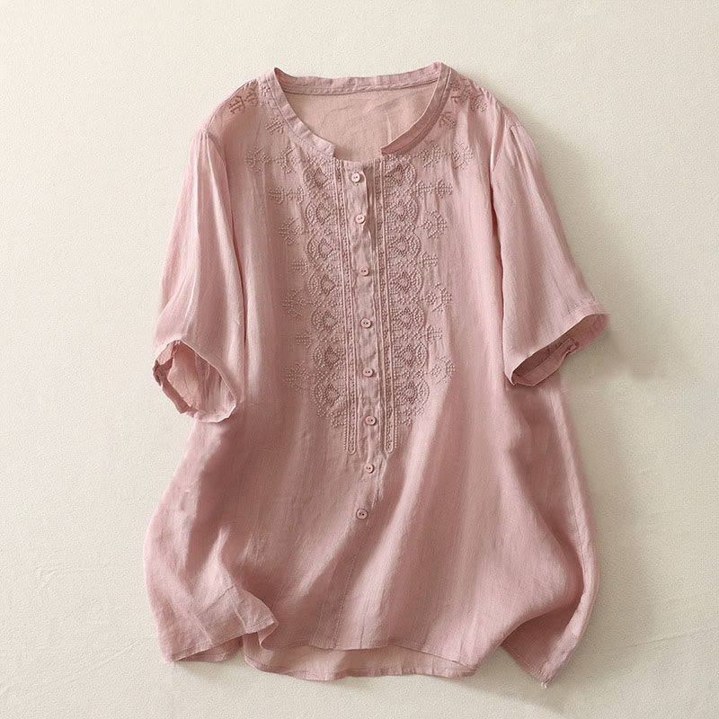 Buddha Stones 夏用花柄クルーネック半袖レディースポリエステルシャツ - 薄手生地 ピンク - US12、 UK/AU16、 EU44 (2XL) - image 5