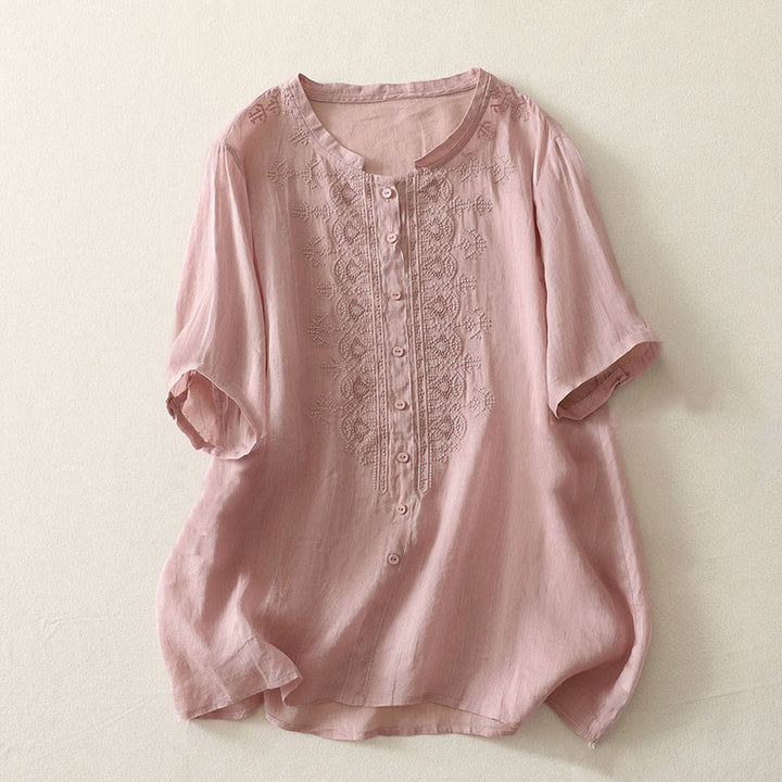 Buddha Stones 夏用花柄クルーネック半袖レディースポリエステルシャツ - 薄手生地 ピンク - US12、 UK/AU16、 EU44 (2XL) - image 5