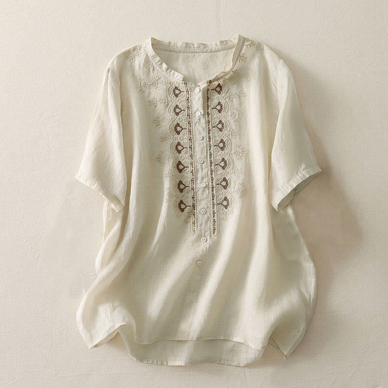 Buddha Stones 夏用花柄クルーネック半袖レディースポリエステルシャツ - 薄手生地 ベージュ - US12、 UK/AU16、 EU44 (2XL) - image 14