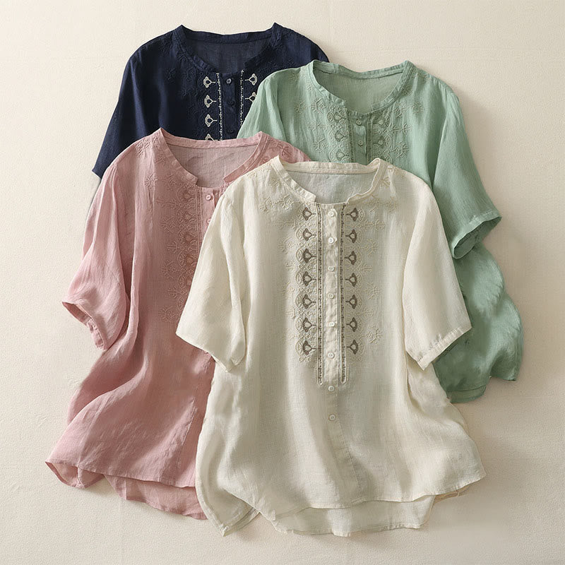 Buddha Stones 夏用花柄クルーネック半袖レディースポリエステルシャツ - image 23