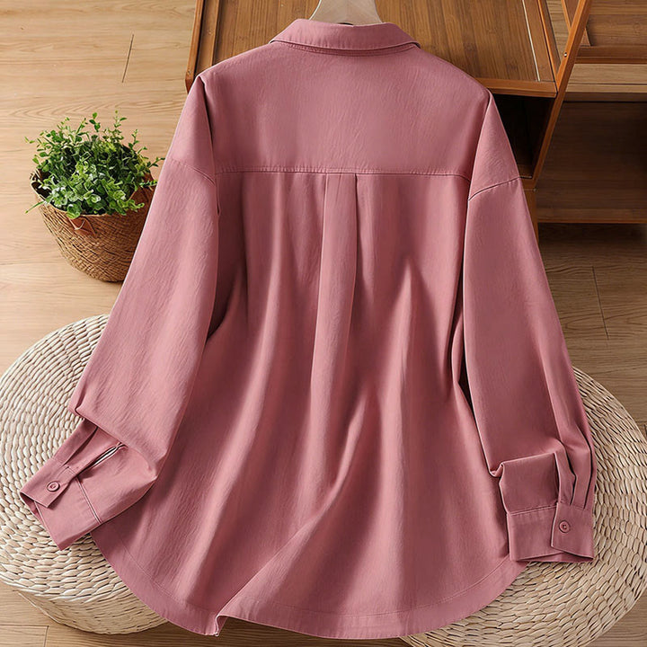 Buddha Stones 春の無地ラペル長袖レディースコットンシャツ（ポケット付き） - image 2