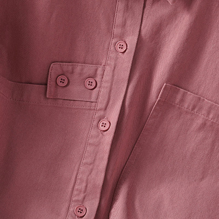 Buddha Stones 春の無地ラペル長袖レディースコットンシャツ（ポケット付き） - image 4