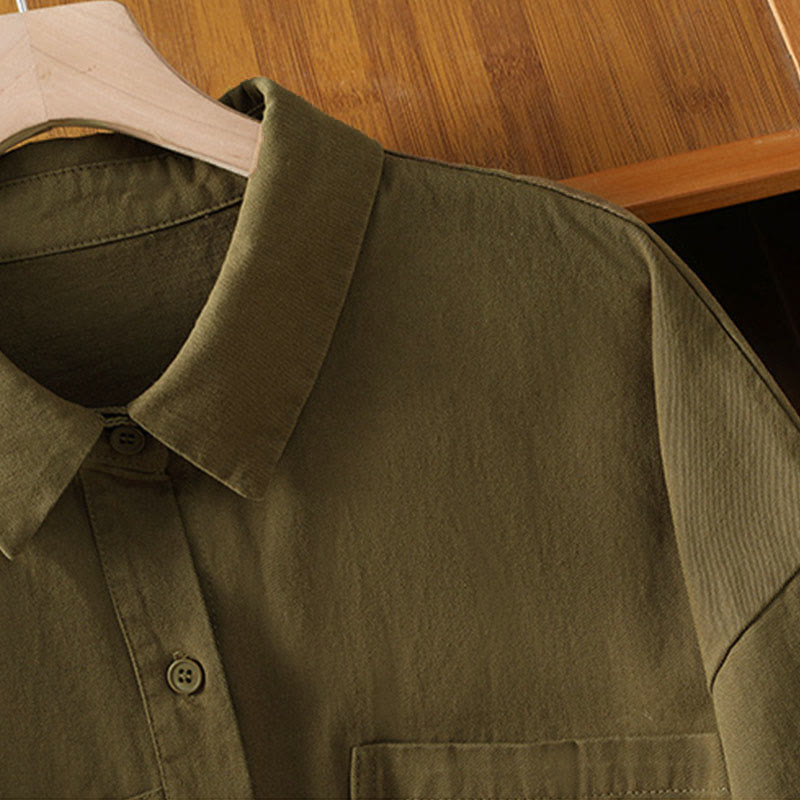 Buddha Stones 春の無地ラペル長袖レディースコットンシャツ（ポケット付き） - image 21