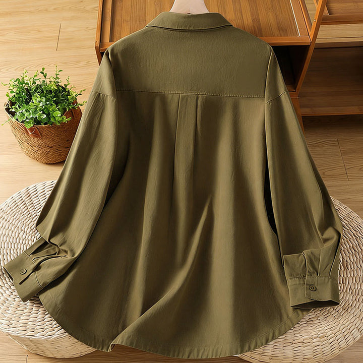 Buddha Stones 春の無地ラペル長袖レディースコットンシャツ（ポケット付き） - image 27