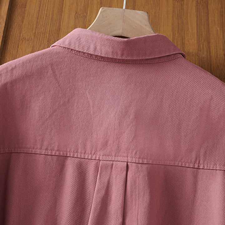 Buddha Stones 春の無地ラペル長袖レディースコットンシャツ（ポケット付き） - image 8