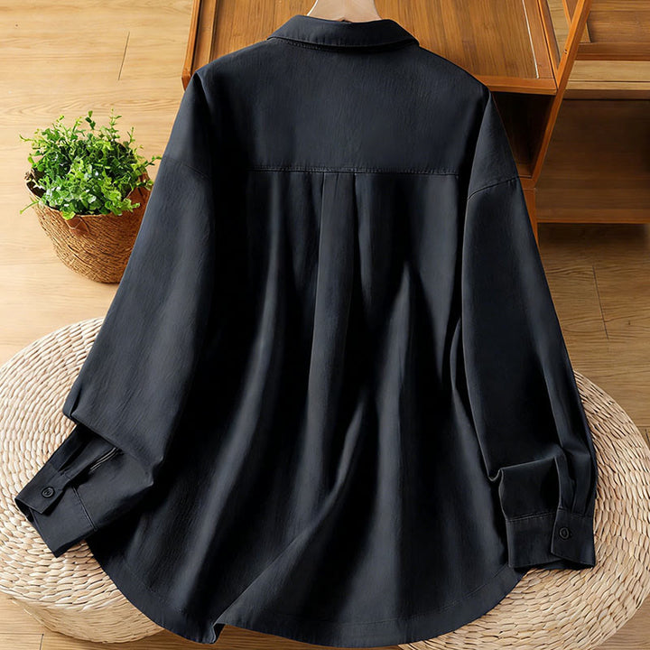 Buddha Stones 春の無地ラペル長袖レディースコットンシャツ（ポケット付き） - image 11