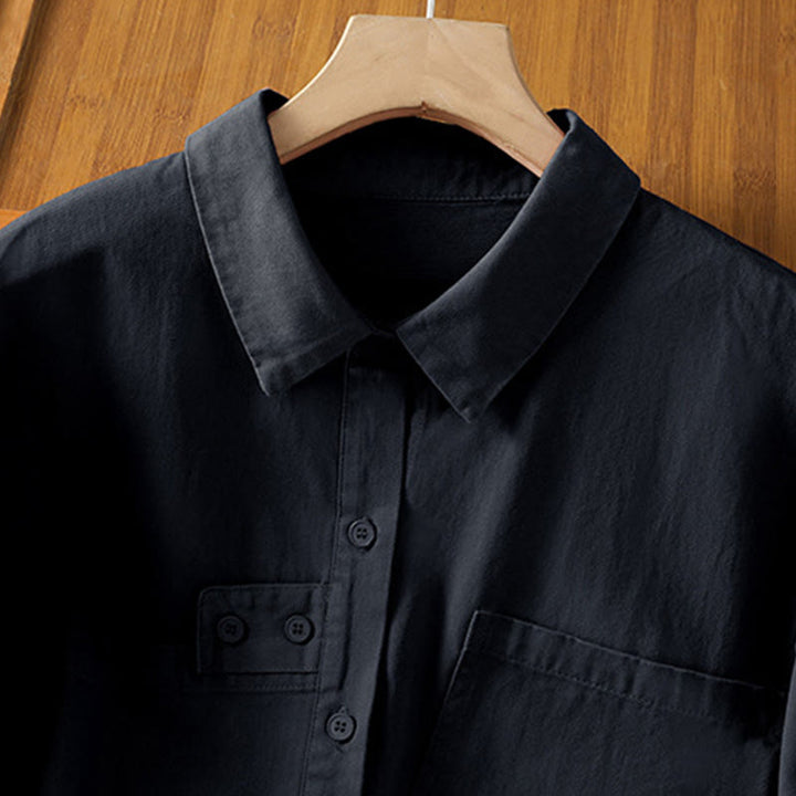 Buddha Stones 春の無地ラペル長袖レディースコットンシャツ（ポケット付き） - image 15