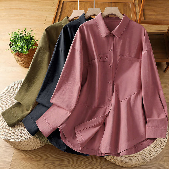 Buddha Stones 春の無地ラペル長袖レディースコットンシャツ（ポケット付き） - image 29