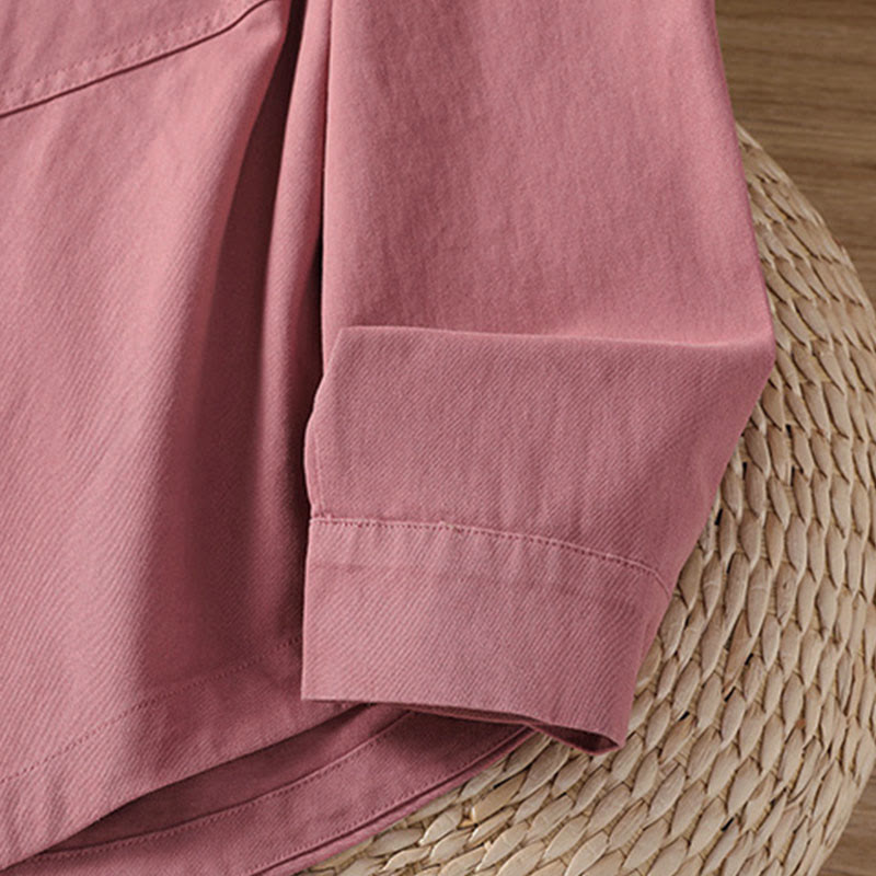 Buddha Stones 春の無地ラペル長袖レディースコットンシャツ（ポケット付き） - image 6