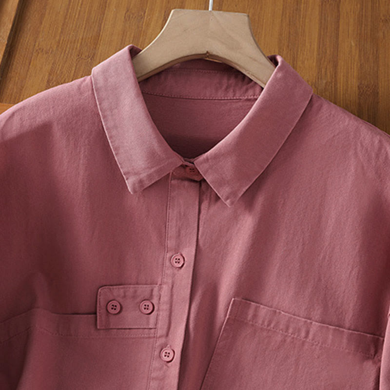 Buddha Stones 春の無地ラペル長袖レディースコットンシャツ（ポケット付き） - image 3