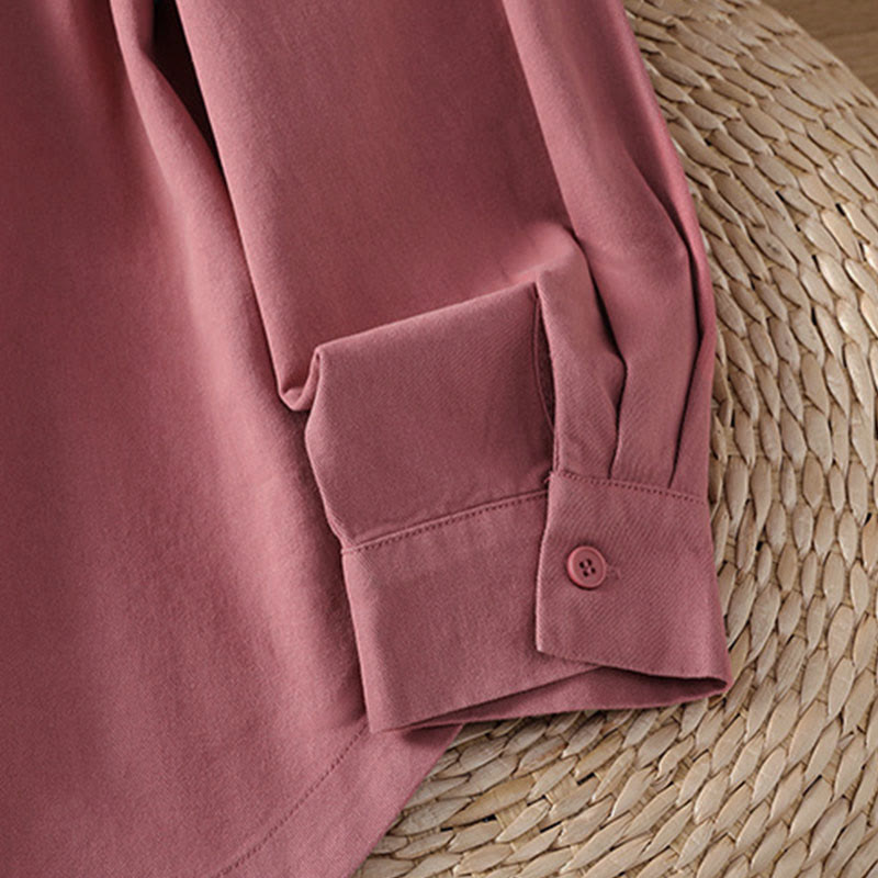 Buddha Stones 春の無地ラペル長袖レディースコットンシャツ（ポケット付き） - image 5