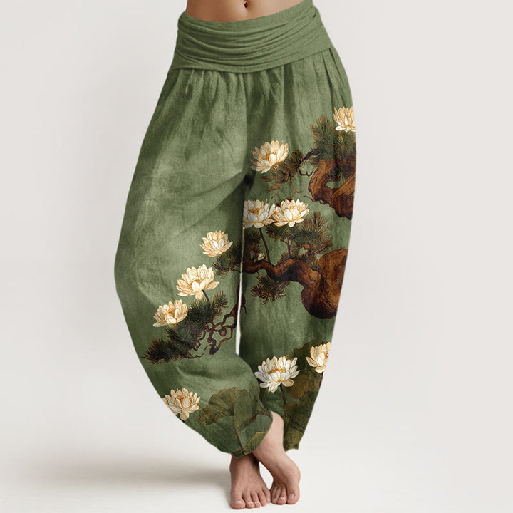 Buddha Stones ピュアコットンのエレガントな松と蓮の花の葉柄レディース伸縮性ウエストハーレムパンツ - オリーブドラブ - US16、 UK/AU20、 EU48 (3XL) - image 5