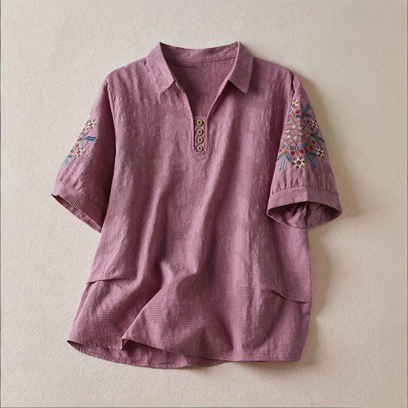 Buddha Stones カジュアル花柄ラペルレディースコットンTシャツ - ミディアムオーキッド - US12、 UK/AU16、 EU44 (3XL) - image 0