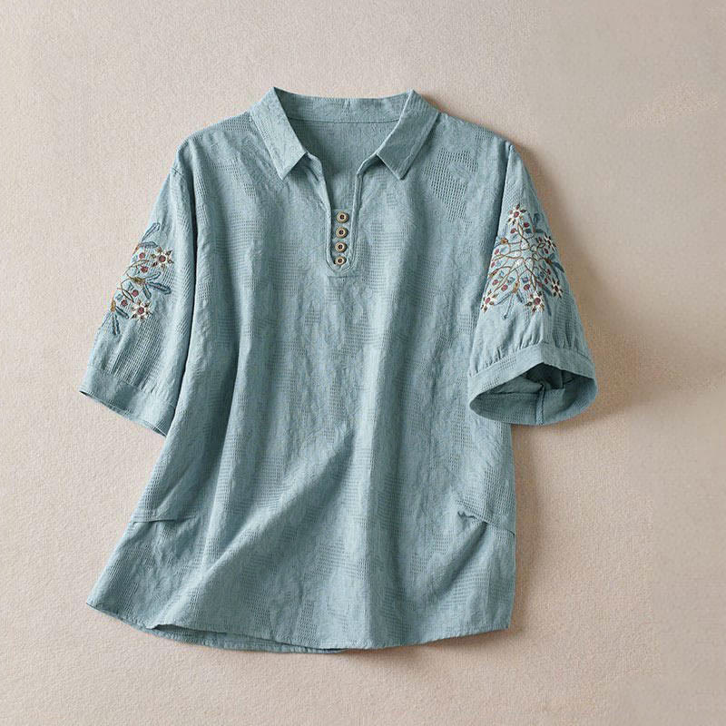 Buddha Stones カジュアル花柄ラペルレディースコットンTシャツ - スカイブルー - US12、 UK/AU16、 EU44 (3XL) - image 8
