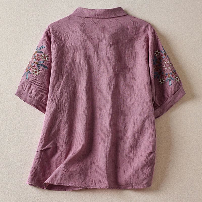 Buddha Stones カジュアル花柄ラペルレディースコットンTシャツ - image 1