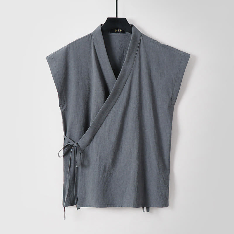 Buddha Stones 夏用無地Vネックノースリーブメンズコットンリネンベスト - グレー - 米国/UK/AU56、 EU66 (9XL) - image 0