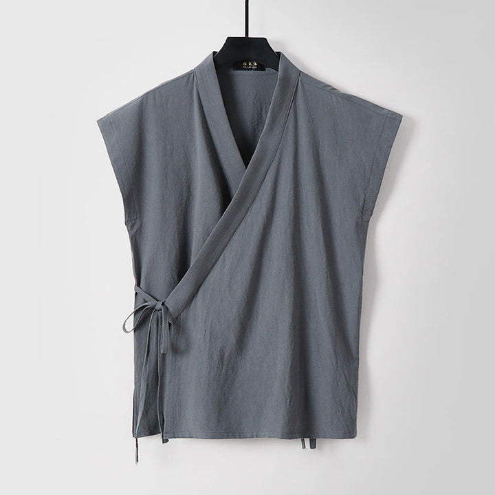 Buddha Stones 夏用無地Vネックノースリーブメンズコットンリネンベスト - グレー - 米国/UK/AU56、 EU66 (9XL) - image 0