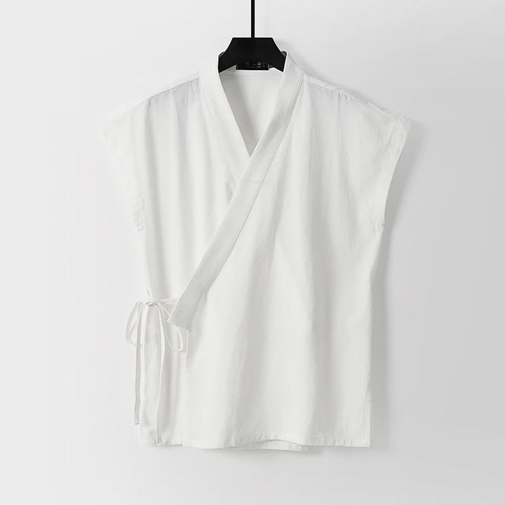 Buddha Stones 夏用無地Vネックノースリーブメンズコットンリネンベスト - 白 - 米国/UK/AU56、 EU66 (9XL) - image 2