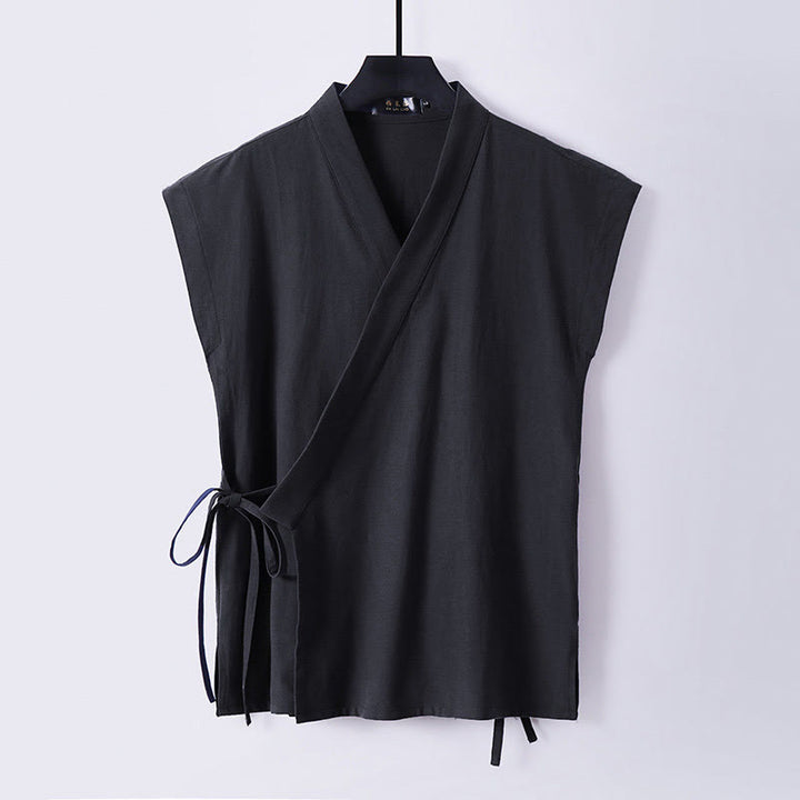 Buddha Stones 夏用無地Vネックノースリーブメンズコットンリネンベスト - 黒 - 米国/UK/AU56、 EU66 (9XL) - image 4