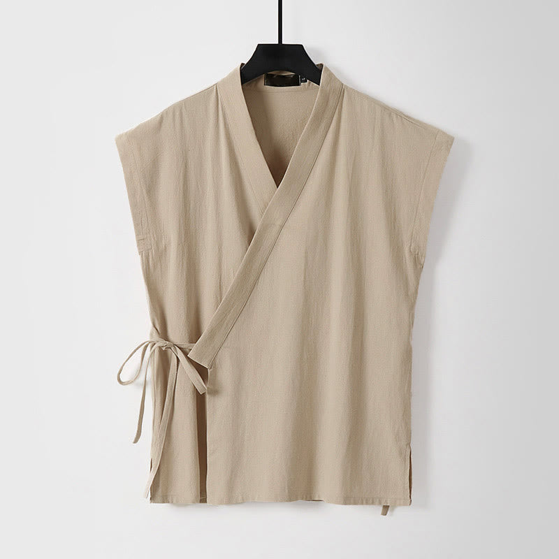 Buddha Stones 夏用無地Vネックノースリーブメンズコットンリネンベスト - 小麦 - 米国/UK/AU56、 EU66 (9XL) - image 6