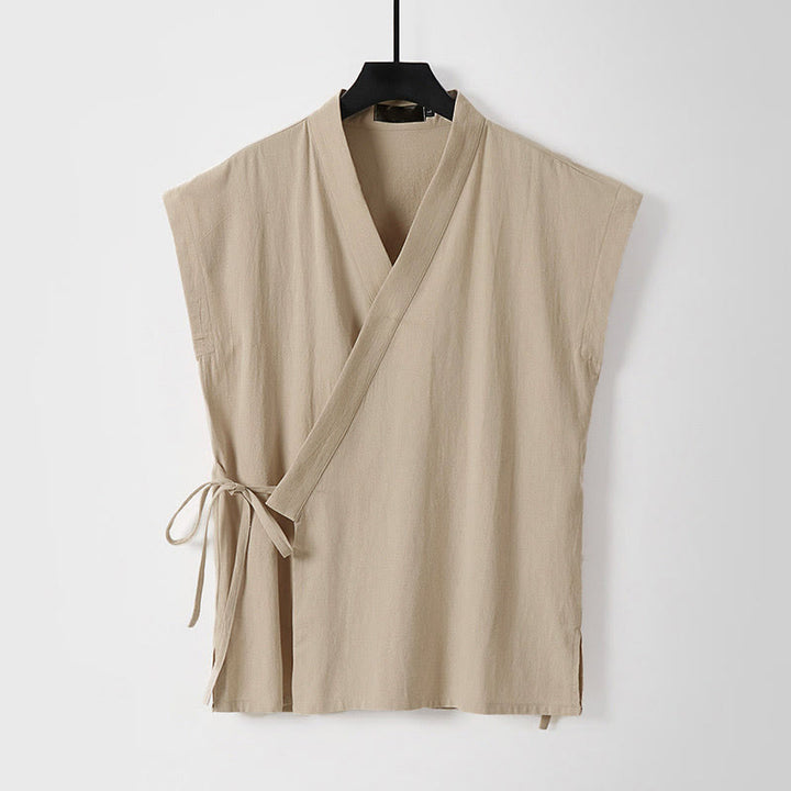 Buddha Stones 夏用無地Vネックノースリーブメンズコットンリネンベスト - 小麦 - 米国/UK/AU56、 EU66 (9XL) - image 6