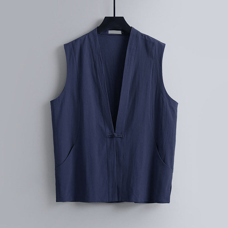 Buddha Stones 夏用無地Vネックフロッグボタンノースリーブメンズコットンリネンベスト - 海軍 - US/UK/AU54、 EU64 (9XL) - image 0