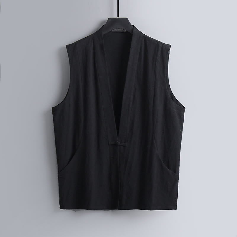 Buddha Stones 夏用無地Vネックフロッグボタンノースリーブメンズコットンリネンベスト - 黒 - US/UK/AU54、 EU64 (9XL) - image 9