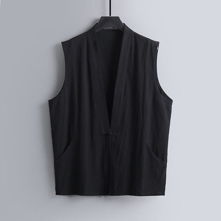 Buddha Stones 夏用無地Vネックフロッグボタンノースリーブメンズコットンリネンベスト - 黒 - US/UK/AU54、 EU64 (9XL) - image 9
