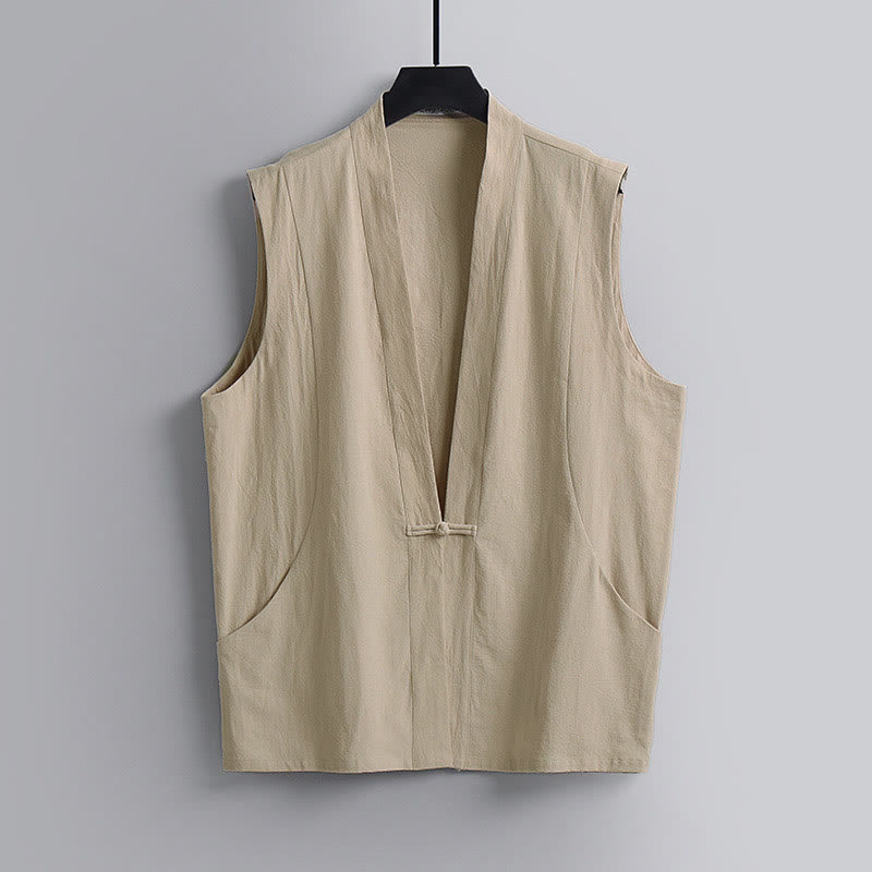 Buddha Stones 夏用無地Vネックフロッグボタンノースリーブメンズコットンリネンベスト - 小麦 - US/UK/AU54、 EU64 (9XL) - image 10