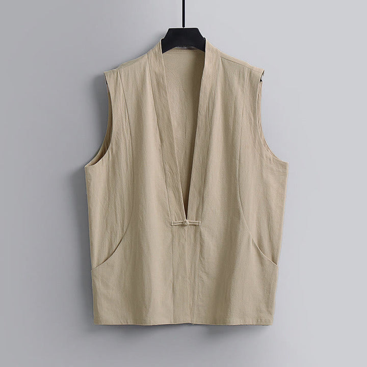 Buddha Stones 夏用無地Vネックフロッグボタンノースリーブメンズコットンリネンベスト - 小麦 - US/UK/AU54、 EU64 (9XL) - image 10