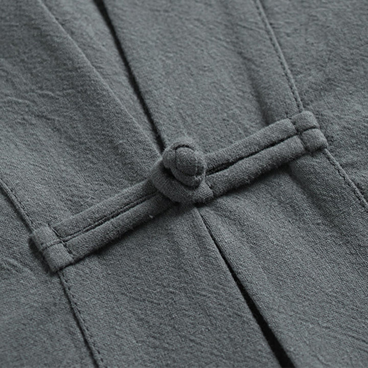 Buddha Stones 夏用無地Vネックフロッグボタンノースリーブメンズコットンリネンベスト - image 5
