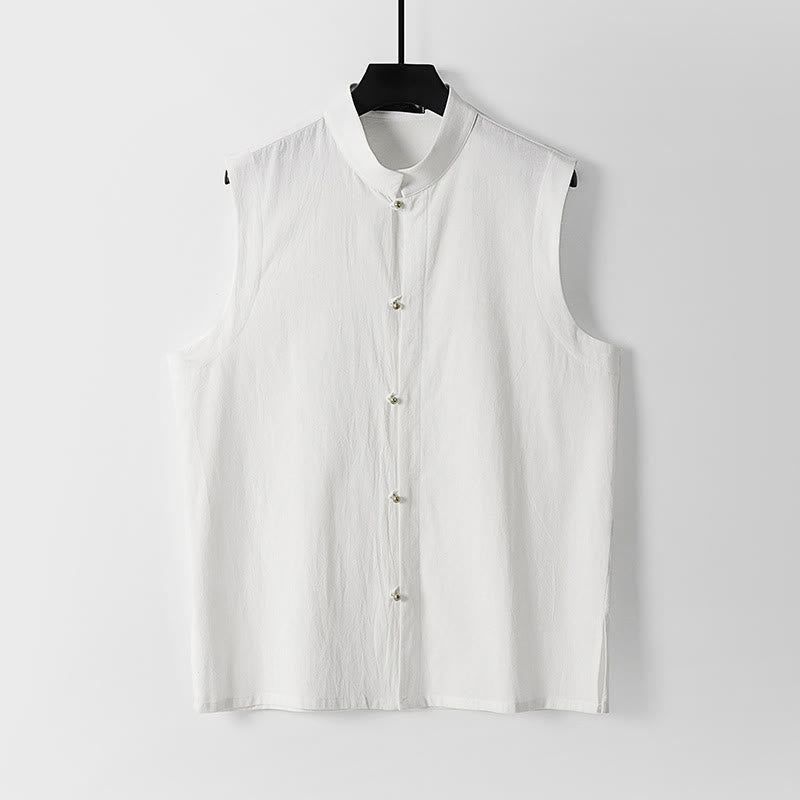 Buddha Stones 夏用無地スタンドカラーメンズコットンリネンノースリーブベスト - 白 - US/UK/AU54、 EU64 (9XL) - image 2
