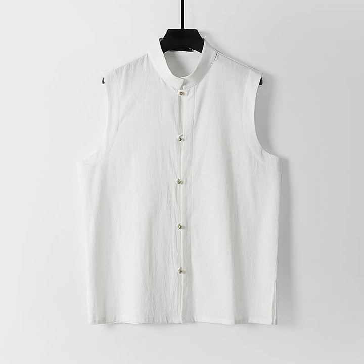 Buddha Stones 夏用無地スタンドカラーメンズコットンリネンノースリーブベスト - 白 - US/UK/AU54、 EU64 (9XL) - image 2