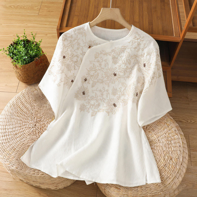 Buddha Stones カジュアル花柄クルーネックレディースコットンTシャツ - 白 - US8-10，UK/AU12-14，EU40-42 (2XL) - image 6