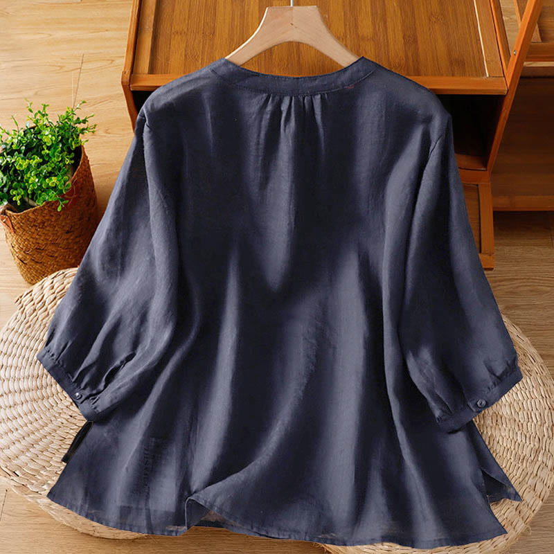 Buddha Stones コーラルひょうたん柄クルーネック半袖レディースポリエステルシャツ - image 1